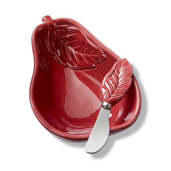 red pear bowl and leaf spreader set