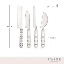 Load image into Gallery viewer, Black-and-white tile-patterned stainless steel cheese knife set of four with stainless steel blades and ceramic handles, showing blade measurements with 8.9-inch overall height and 4-inch handles. 