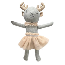 Load image into Gallery viewer, Gray wool-blend deer doll with sparkly gold antlers and ears,  black embroidered sleepy eyes, a beige ruffled collar, and a matching tulle skirt, displayed against a white background.  