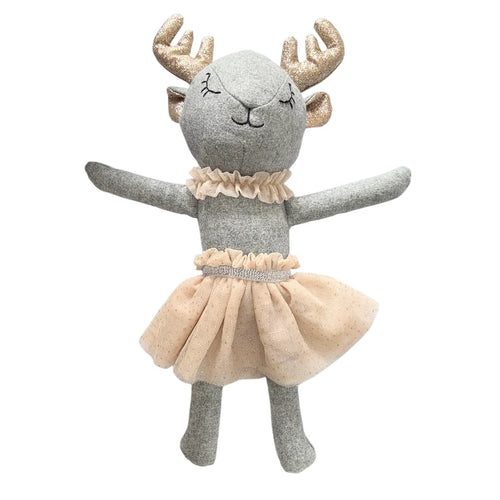 Gray wool-blend deer doll with sparkly gold antlers and ears,  black embroidered sleepy eyes, a beige ruffled collar, and a matching tulle skirt, displayed against a white background.  