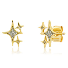 Load image into Gallery viewer, Close-up of gold-plated starburst stud earrings with clear crystal details and post backs, displayed on a white surface.