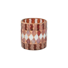 Load image into Gallery viewer, Glass votive candle holder featuring a pattern of red, pink, and white diamond tiles bordered by wavy mosaic stripes in red and pink, displayed on a white background. 