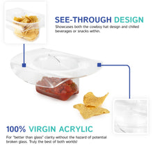 Load image into Gallery viewer, Clear cowboy hat-shaped bowl displayed in an informational graphic with labeled callouts and images showing chips and salsa inside.
