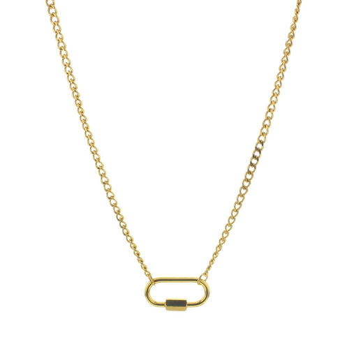 Gold link necklace with a paperclip clasp at the bottom. White background. 