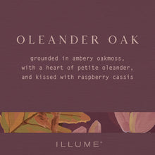 Load image into Gallery viewer, Product description card for Oleander Oak by Illume with text and leaf illustration on a maroon background.