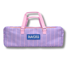 Load image into Gallery viewer, Lavender and pink chevron-patterned Mahjong carrying bag with pink top handles and a blue rectangular patch reading "RACKS," displayed on a white background. 