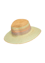 Load image into Gallery viewer, A striped sun hat with a natural colored band, on a gray and black checkered background.