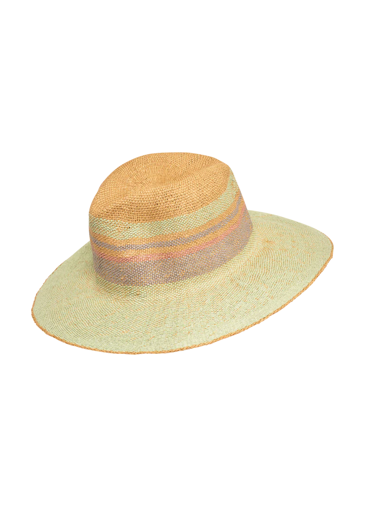 A striped sun hat with a natural colored band, on a gray and black checkered background.