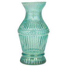 Load image into Gallery viewer, Turquoise glass vase with ribbed design on a white background.