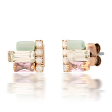 Load image into Gallery viewer, Gold-tone emerald-cut cluster stud earrings with pastel crystal accents and post backings, shown from the front and side views on a white background. 