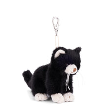 Load image into Gallery viewer, Black and white plush cat with a silver clasp displayed on a white background.
