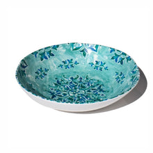 Load image into Gallery viewer, Melamine serving bowl featuring a turquoise interior with a blue floral motif, shown on a white background.  