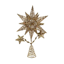 Load image into Gallery viewer, A gold Christmas tree topper with a large star and two smaller ones on a white background.