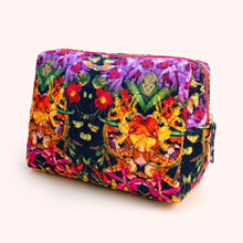 Load image into Gallery viewer, Botanical Kaleidoscope Quilted Velvet Washbag, a rectangular zippered bag with rounded corners and a vibrant multicolored floral rainforest pattern on a black background, displayed against a white background.