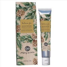 Load image into Gallery viewer, Balsam &amp; Fir, front view of a silver-tone hand cream tube with a white cap beside its matching rectangular box, both featuring beige backgrounds, green evergreen branches, brown pinecones, and gold-colored panels with the scent name and product type in dark lettering against a white background.