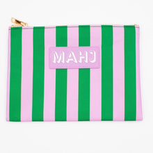 Load image into Gallery viewer, Pink and green striped Mahjong accessory bag with a gold zipper and a pink patch with "MAHJ" on it, displayed on a white surface.