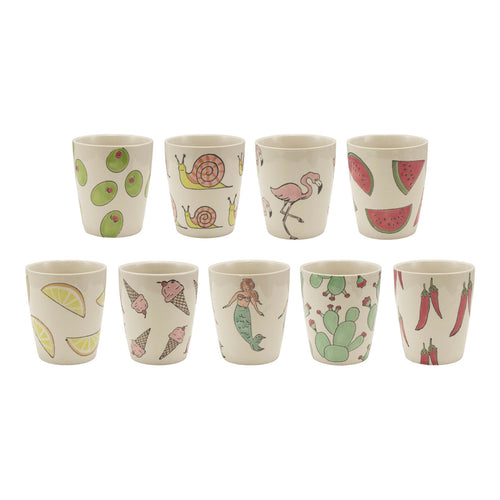 Set of nine small ceramic cups with various designs on a white background.