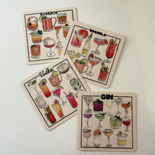 Load image into Gallery viewer, Set of four square cocktail coasters with colorfully illustrated mixed drinks and labels for bourbon, tequila, vodka, and gin, displayed on a white background.