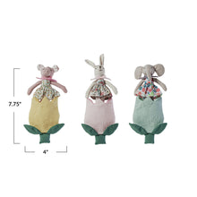 Load image into Gallery viewer, A pink pig plushie wearing a dress in a yellow tulip bag, a white bunny plushie wearing a dress in a pink tulip bag, and an elephant plushie wearing a dress in a blue tulip bag on a white background with dimensions 7.75&quot;x 4&quot;.