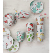 Load image into Gallery viewer, Set of matching ceramic cups and plates with various patterns on a light background.