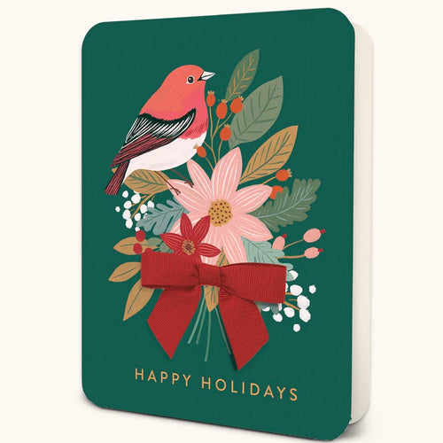 Green greeting card with a festive design featuring a red bird, a pink flower with colorful greenery, 