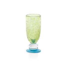 Load image into Gallery viewer, Zodak Antibes Mimosa Bellini glass in translucent yellow-green bubble glass with clear stem and blue pedestal base, displayed on a white background.