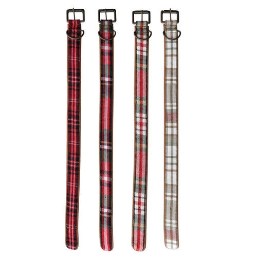 Four plaid flannel leashes, each with a varying green and red plaid pattern. White background. 