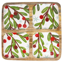 Load image into Gallery viewer, Square wooden tray with four sections, each featuring a white ceramic background with green leaves, red berries, and light blue snowflakes. Displayed against a white background. 