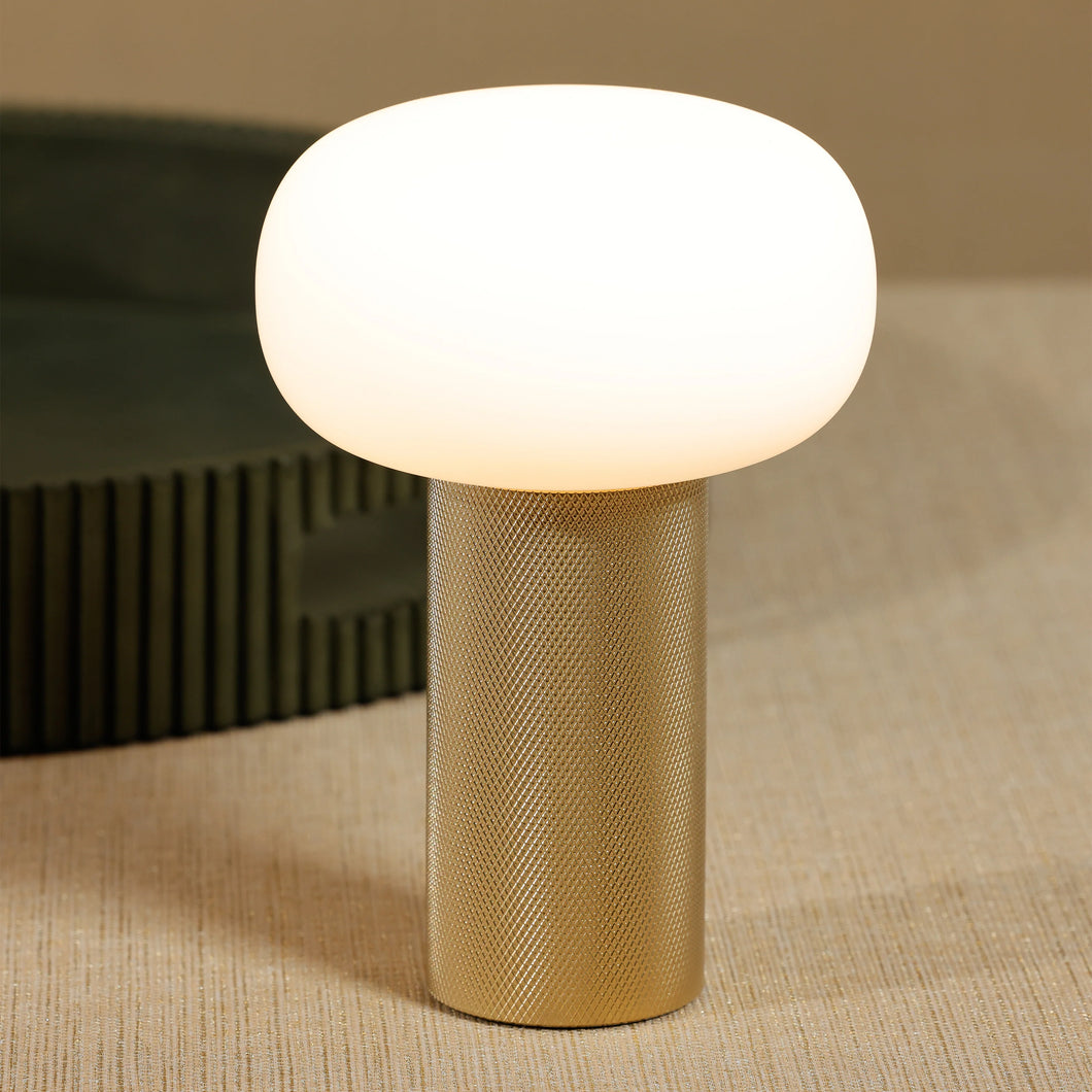 Rechargeable table lamp with a frosted oval shade and textured gold-finish cylindrical base, illuminated against a neutral background and surface with a round black object on the side.  