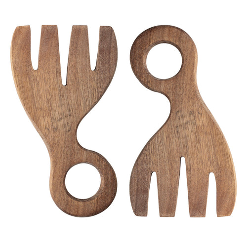 Two Acacia wooden salad servers on a white background.