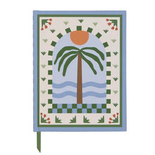 Load image into Gallery viewer, Decorative journal  with a palm tree design and a green bookmarker on a white background. 