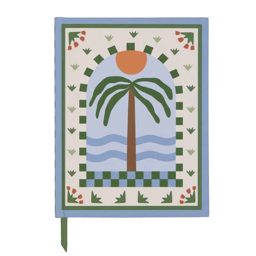 Decorative journal  with a palm tree design and a green bookmarker on a white background. 