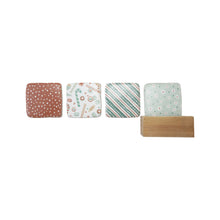 Load image into Gallery viewer, A red square shaped resin coaster with white polka dots. A white square shaped resin coaster with various red, green, and white candies. A square shaped resin coaster with green, white, and red stripes. Green stripes have white polka dots. A light green square shaped resin coaster with green polka dots and white flowers with a red center, in a wooden storage box. Against a white background.  