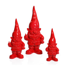 Load image into Gallery viewer, Three glossy red gnome figurines in various sizes with tall pointed hats, beards, and belts, each playfully holding up a middle finger, displayed against a white background. 