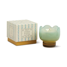 Load image into Gallery viewer, Reusable green tulip-shaped glass candle with warm brown pedestal base and coordinating box packaging, displayed on a white background. 
