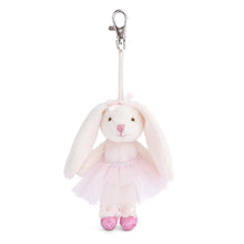 Load image into Gallery viewer, Plush white bunny bag charm wearing a pale pink tulle ballerina dress with long floppy ears, a pink nose, a small white bow, and pink glitter slippers, hanging from a silver lobster-clasp clip against a white background. 