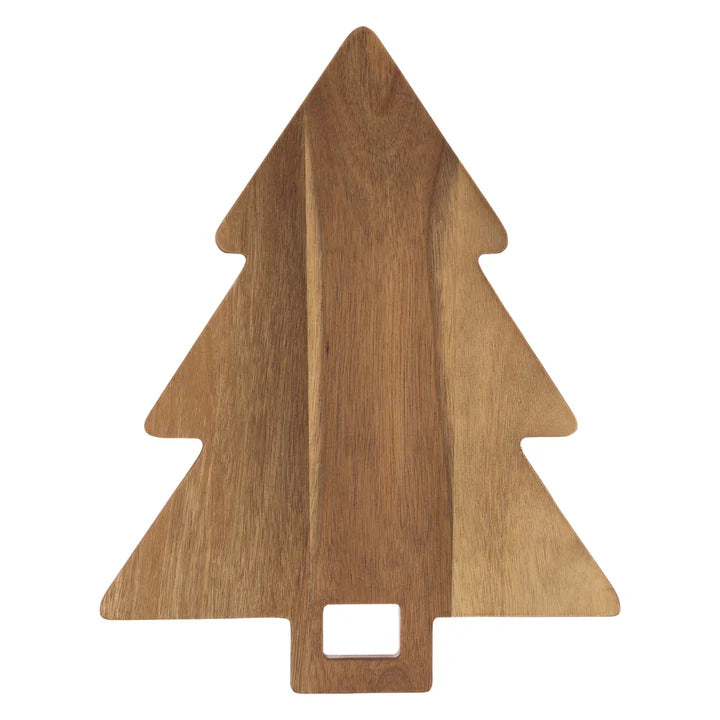 A wooden serving board in the shape of a Christmas tree with an opening at the base for holding or hanging. Against a white background.