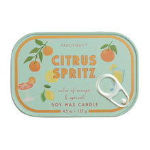 Load image into Gallery viewer, Illustrated Citrus Spritz candle tin lid with oranges, lemons, and cocktail graphics, mint green background with orange striped border and silver pull-tab design, displayed on a white border.