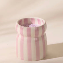 Load image into Gallery viewer, Pink striped ceramic candle. White background.