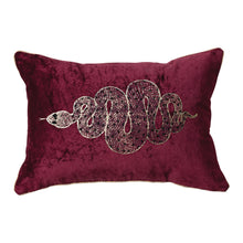 Load image into Gallery viewer, Beaded Snake Lumbar Pillow, burgundy cotton velvet lumbar pillow with printed and beaded gold snake design and gold piping along edges, on a white background. 