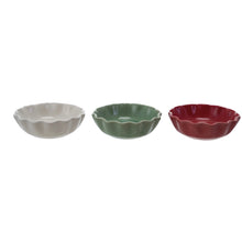 Load image into Gallery viewer, Three ceramic bowls in gray, green, and red on a white background