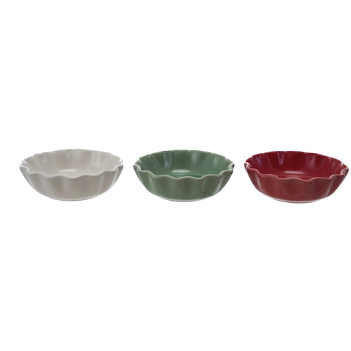 Three ceramic bowls in gray, green, and red on a white background