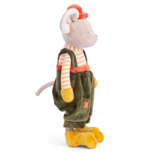 Load image into Gallery viewer, Side view of a plush mouse with soft beige fur, floppy ears, and black stitched eyes, wearing a coral velvet hat, coral-and-white striped shirt, green corduroy overalls with a coral patch, and a matching coral waistband. The mouses short tail, mustard-colored hands and feet are visible, shown against a white background. 