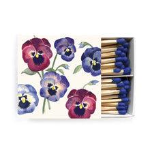 Load image into Gallery viewer, Matchbox with floral design  and purple tipped matches on a white background.