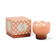 Load image into Gallery viewer, Reusable peach tulip-shaped glass candle with darker peach pedestal base and coordinating box packaging, displayed on a white background. 
