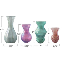 Load image into Gallery viewer, Four glass vases of different sizes, colors, and designs  with measurements on a white background.