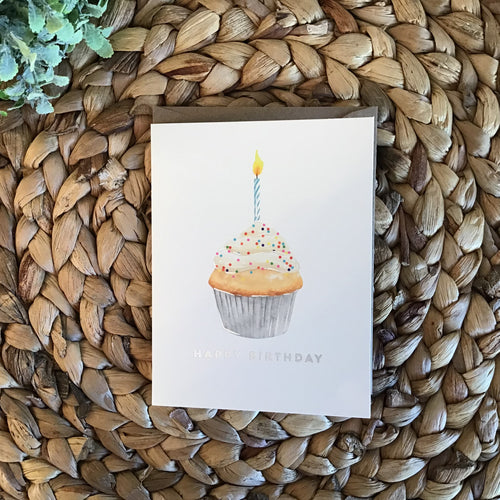 white backgroud with cupcake birthday card.