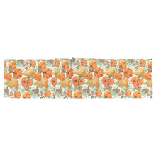 Load image into Gallery viewer, White fabric table runner with orange pumpkins, gourds, green leaves, brown pinecones, and white berries. On a white background.