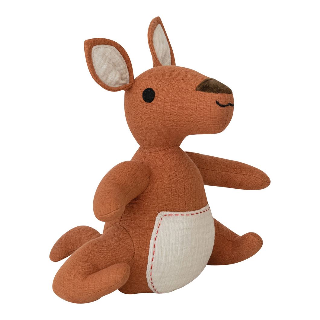 Brown plush kangaroo with a red stitched, white front pocket.  On a white background.