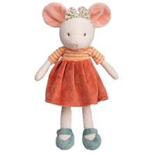 Load image into Gallery viewer, Plush mouse with soft beige fur, inner pink ears, and black stitched eyes, dressed in a white bow headband with teal polka dots, orange-and-white striped shirt, orange velvet skirt, and teal shoes. Mouse is standing upright against a white background. 